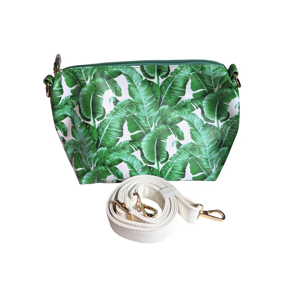 IWM Banana Leaf Print Green Tropical Palm Clutch White Strap 11.5" W X 7" tall - Picture 7 of 8